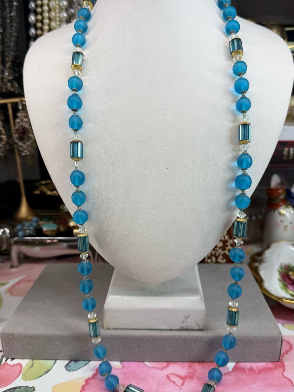 Elegant Vintage Blue Glass & Frosted Glass Bead Long Necklace -